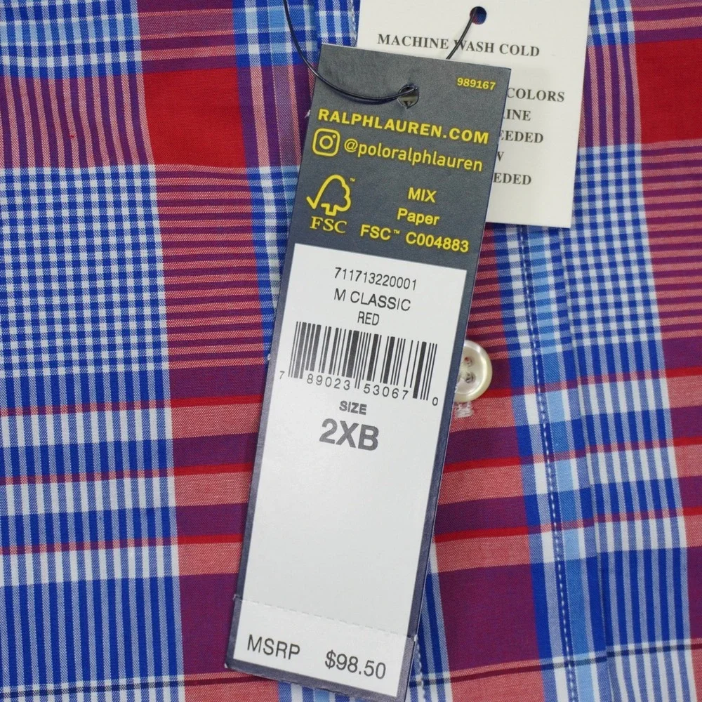 NEW Polo Ralph Lauren Button Down Shirt Mens 2XB Blue Red Plaid Stretch   Pony